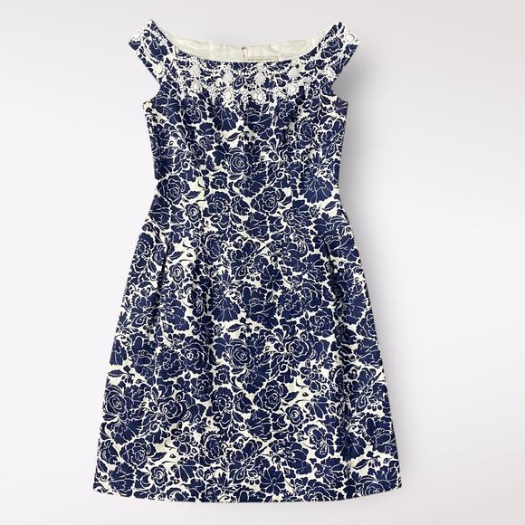 Carmen Marc Valvo Blue Floral Beaded Boatneck Linen  Mini Dress Size 8 Guest‎ - Picture 1 of 13